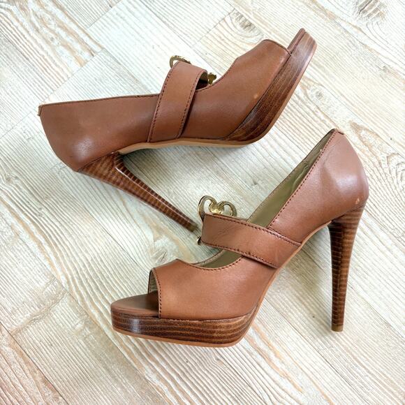 Love Moschino Leather Peep Toe Stacked‎ Heel Mary Jane Pumps | Brown 39 - Picture 9 of 11